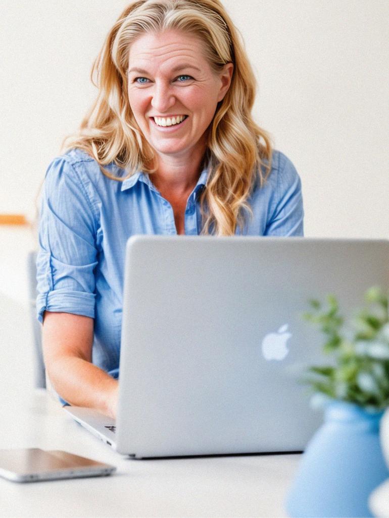 Barbara von HerzSeiten mit einer blauen Bluse vor einem Macbook