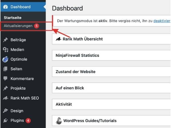 Dashboard von WordPress mit dem Button für die Aktualisierungen