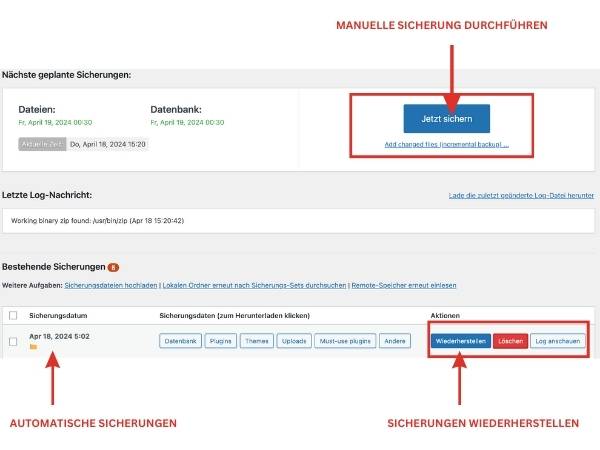 Backup Plugin mit dem Button "Jetzt sichern" und wo man es wiederherstellen kann.