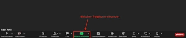 Zoom Bildschirm frei geben - Pfeil auf den entsprechenden Button