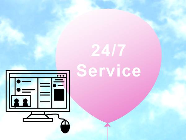 Der 24/7 Service, der in einem rosaroten Luftballon geschrieben steht, der in der Luft schwebt, neben einer Grafik von einem Computer. Auch dafür braucht man eine Website für sein Unternehmen