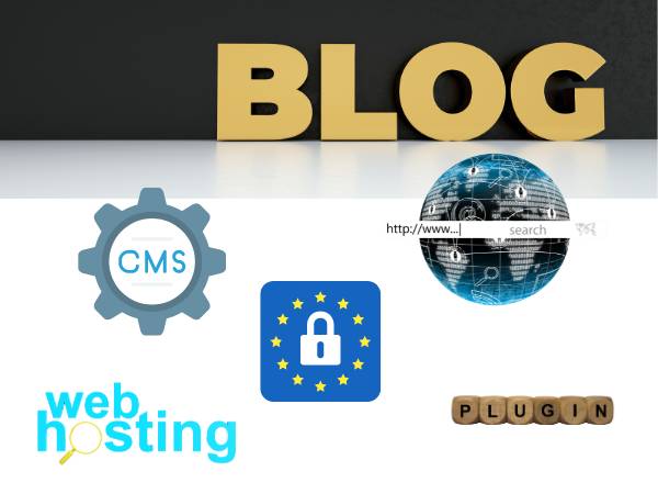 kostenlos bloggen mit kostenlosen Tools wie CMS, Domain, Plugin, DSGVO, Hosting - Blog als Überschrift und Bilder zu den einzelnen Tools