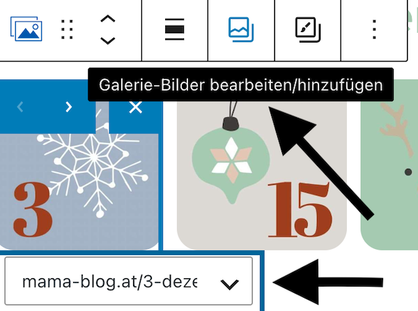 Adventskalender für WordPress mit den Pfeilen zu der Möglichkeit "Galerie-Bilder bearbeiten" und dem Link-Eintrag
