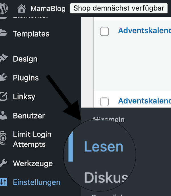 Einstellungen im Dashboard von WordPress: Einstellungen - Lesen um den Adventskalender auf die Startseite zu bekommen