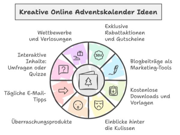 Infografik zu Online Adventskalender Ideen für Inhalte - ein Kreis mit verschiedenen Segmenten