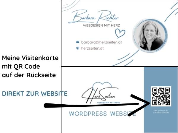 auf der rechten Seite meine Visitenkarte von vorn und hinten um den QR-Code zu zeigen, der auf meine Website verlinkt